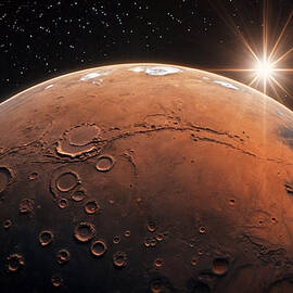 A stunning view of a planet with a reddish surface by Mango Art