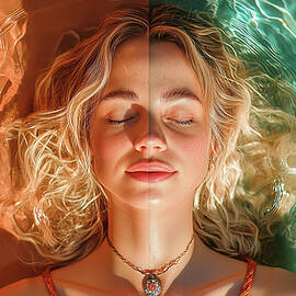 A stylized portrait of a woman with closed eyes, half-submerged in colorful reflective water, symbolizing tranquility and harmony with nature. by Arpan Bhatia