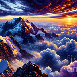 A sunset view from a high peak with clouds below the mountaintop by Jeff Creation