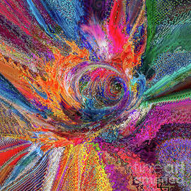 A swirling vortex bursts with vibrant, chaotic colors resembling an explosion of abstract patterns.  by Elena Gantchikova