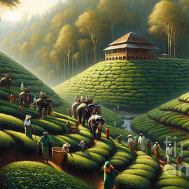A tea plantation in Ceylon during the British Raj, with workers and elephants by Jeff Creation