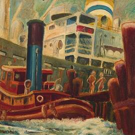 A vibrant scene captures a tugboat in the foreground with a larger ship in the background, both dock by MotionAge Designs