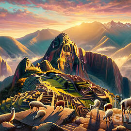 A view from the top of Machu Picchu at sunrise, with llamas grazing and the Andes in the distance by Jeff Creation