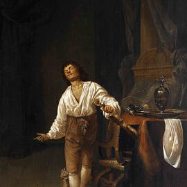 A violin player in an interior with a pewter tankard, jug and platter on a table before a column by Maerten Stoop