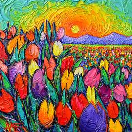 ABSTRACT COLORFUL TULIPS FIELD AT SUNRISE palette knife oil commissioned painting Ana Maria Edulescu by Ana Maria Edulescu