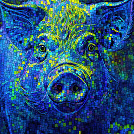 Abstract pig face front view art on a multicolored, square pattern background in blue, green and yel by Nicko Prints