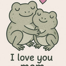 Adorable Frogs Embracing with Pink Heart I Love You Mom Heartfelt Illustration by MOUNIR KHALFOUF
