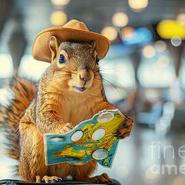 Adventurous squirrel with hat reading map in airport by Michal Bednarek