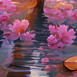AI ART Painting of flowers and rocks and their reflection on the surface of the river by Nader Al Sayed