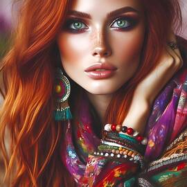 AI - Beautiful Bohemian Woman with Red Hair by Karen A Wise