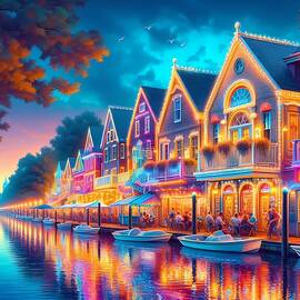 AI - Colorfully Lit Riverfront by Karen A Wise