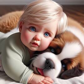 AI - Toddler Cuddling Saint Bernard Puppy