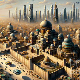 An ancient, sprawling cityscape viewed from above, with a mix of historical and futuristic architecture by Jeff Creation