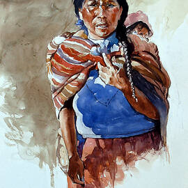 Andean mother carrying her son by Oscar Cuadros