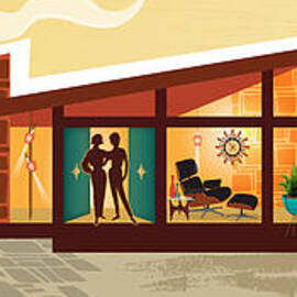 Angle Roof Mid Century Modern House Female Couple Panorama by Diane Dempsey