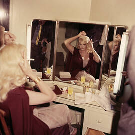 Anita Ekberg Mirror Behind the Scenes Adjustments Hair Vanity Cigarette Dressing Room 1958 by Silver Screen