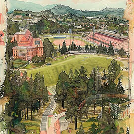 Autzen Stadium Eugene Oregon drawing Aerial View of a University Campus with a Stadium and Green Spaces by Tommy Mcdaniel