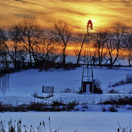 Awaiting Warmer Breezes - a lonely windmill in front of glorious sunset with geese in flight by Peter Herman