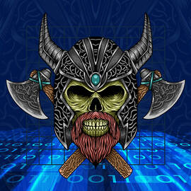 Awesome Design Skull Viking Valhalla Combined With Data Stream Digital Binary Code Background by MOUNIR KHALFOUF