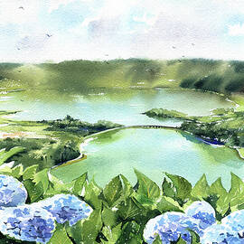 Azores View With Hydrangeas Painting by Dora Hathazi Mendes