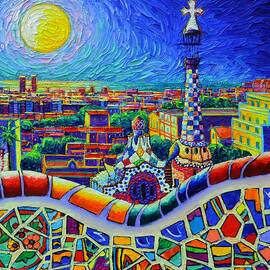 BARCELONA MOON LIGHT - VIEW FROM PARK GUELL OF GAUDI palette knife oil painting Ana Maria Edulescu by Ana Maria Edulescu