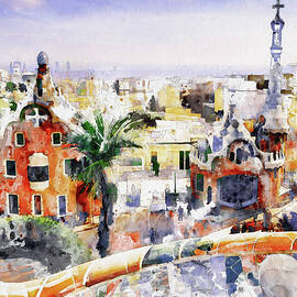 Barcelona Park Guell Watercolor Cityscape by Marian Voicu