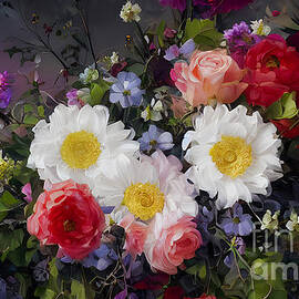 Beautiful bouquet of fresh flowers, scarlet roses and white daisies
