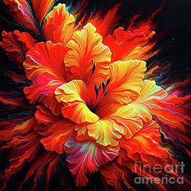 Beautiful Orange Gladiolus Acrylic Pour and Expressionist Effect by Rose Santuci-Sofranko