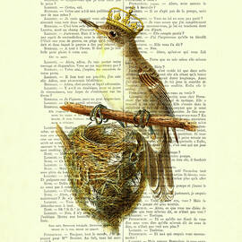 Bird with golden crown and bird's nest art