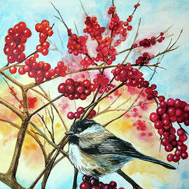 Black Capped Chickadee and Winterberries by Carol Wander