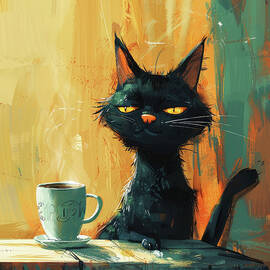 Black Cat Lounging on a Rustic Wooden Stump With a Coffee Cup by Sevildzhan Hasan