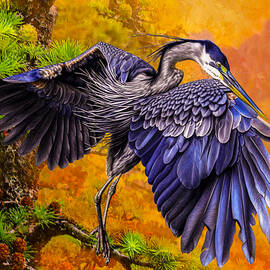 Blue Heron and pine by Jeff Burgess