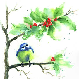Blue tit sitting in a holly bush waiting for christmas by Karen Kaspar