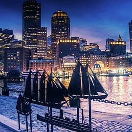 Boston Harbor And Financial District skyline At Night