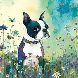 Boston Terrier in a flower field 2 by Debbie Brown