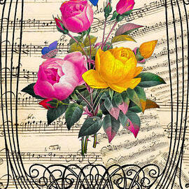 Bouquet of roses framed by an art nouveau ornament, belle epoque, on a musical score. by Elena Gantchikova