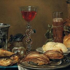 breakfast still life with fish, bread, butter and a lemon in front of a ewer, glasses and a silver b by Alexander Adriaenssen