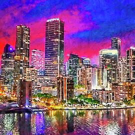 Brickell Bay Drive skyline at twilight, Miami - digital painting by Watch And Relax