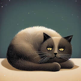 Captivating Drawing of a Gray Cat Lying Down with Eyes Open
