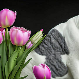 Cat And Tulips by Constance Lowery