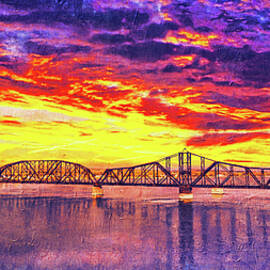 Chicago and North Western Railroad Bridge in Pierre, South Dakota, at sunset - digital painting by Nicko Prints