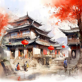 China House Of Red Gold - Awesome Landscape Art by Iyanu