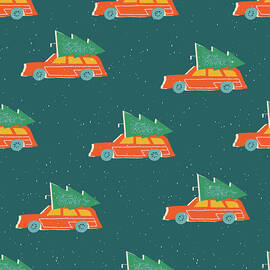 Christmas card with retro car and a fir tree on the top seamless pattern by Julien