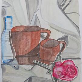 Clay mugs, pink rose and glass bottle  by Kiruthika S