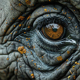 Close-up of an elephant's eye with detailed skin texture and small yellowish growths.