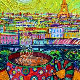 COFFEE WITH PARIS VIEW textural impressionism commission art knife oil painting Ana Maria Edulescu by Ana Maria Edulescu