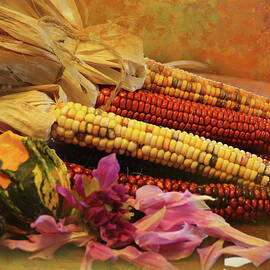 Colored corn with gourd and dalia by Jeff Burgess