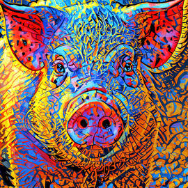Colorful abstract pig face front view painting in blue, orange, yellow and red by Nicko Prints