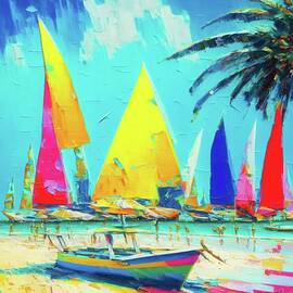 Colorful Boats On The Ocean In Heavy Acrylics by Olde Time Mercantile