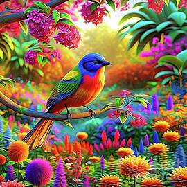 Colorful Painted Bunting in a Lush Garden Expressionist Effect by Rose Santuci-Sofranko